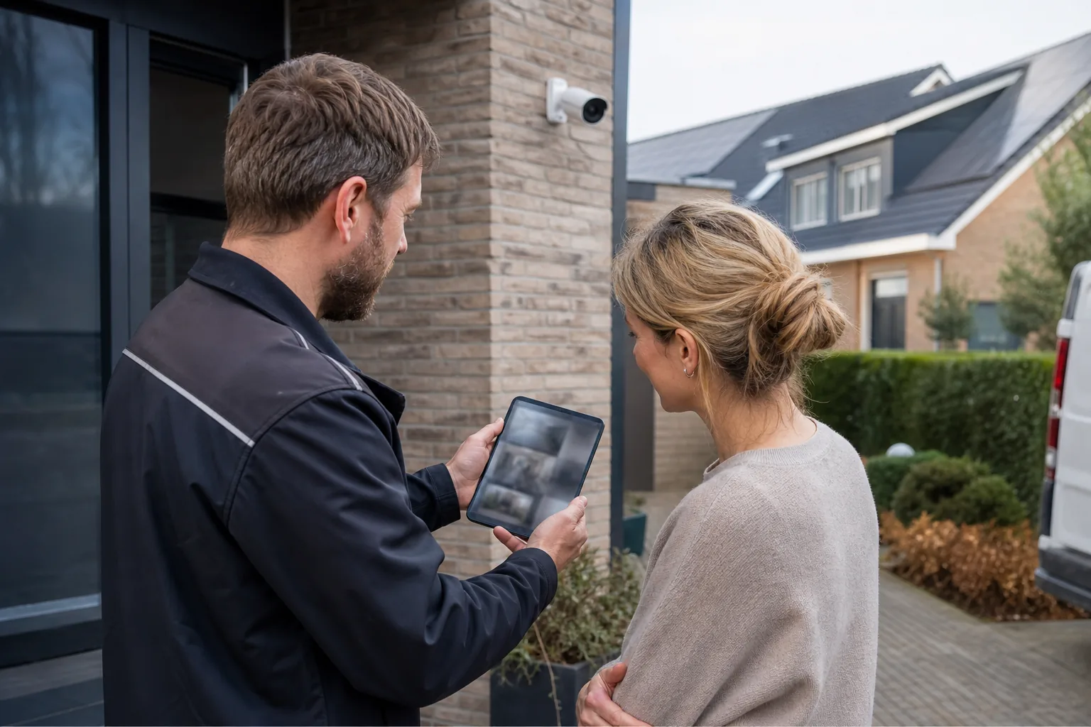 Installateur laat camerabeeld zien op een tablet bij een woning